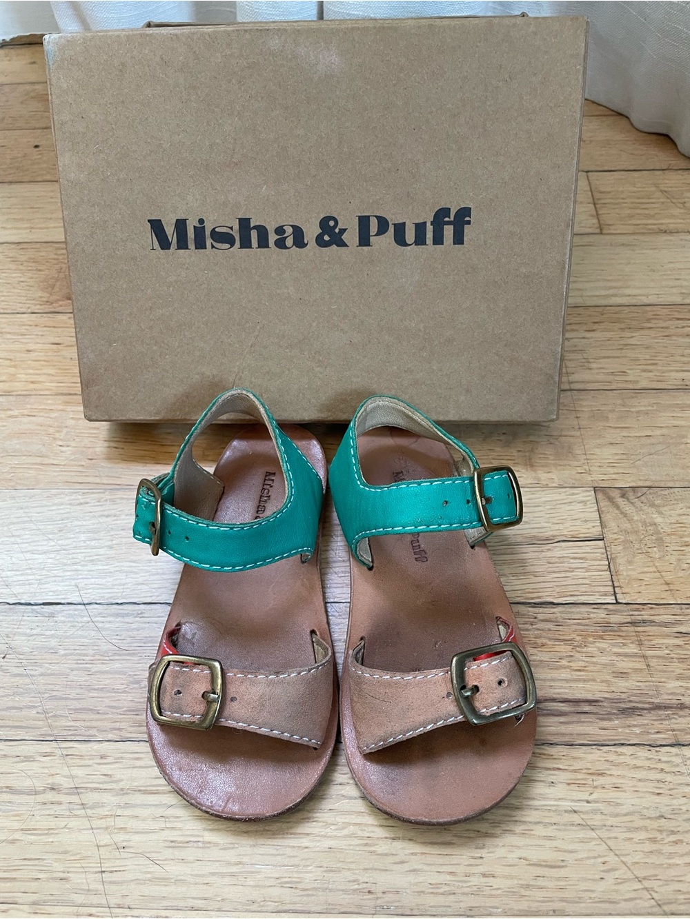 Misha and Puff Two-Tone Leather Sandals in Green and Tan Toddler size 6